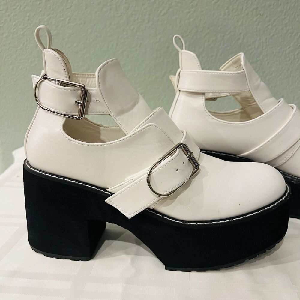 Chunky Platform Shoes Lug Sole Cut Out Goth Buckle 41 Womens Sz 10 White